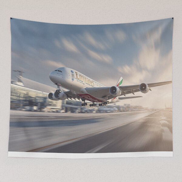 Item preview, Emirates Double Deck A380 Starting Its Takeoff Roll in Golden Light designed and sold by Skyframe Aviation.