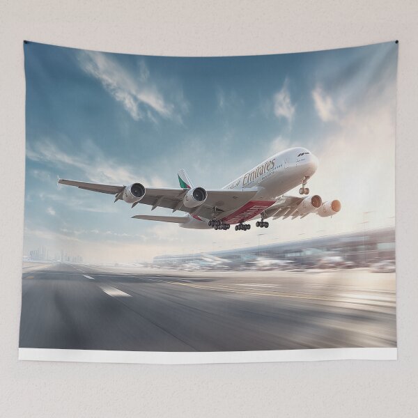 Item preview, Emirates A380 Powering Into the Air Under Blue Skies designed and sold by Skyframe Aviation.