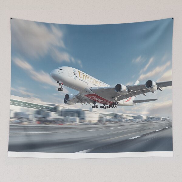 Item preview, Airbus A380 Emirates Rising From the Runway on a Warm Morning designed and sold by Skyframe Aviation.