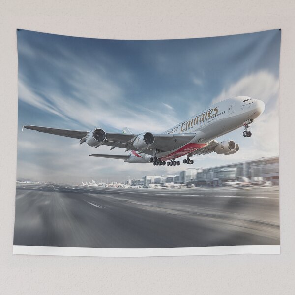 Item preview, Emirates Luxury A380 Rising Into Bright Skies as Passengers Look On designed and sold by Skyframe Aviation.