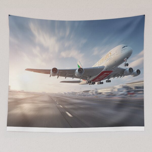 Item preview, Emirates Long Haul A380 Powering Into the Air Under Blue Skies designed and sold by Skyframe Aviation.