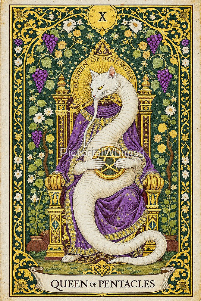 Queen of Pentacles cat tarot card — medieval-style feline tarot art print