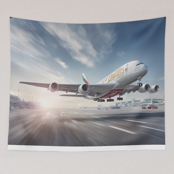 Item preview, The Emirates Superjumbo Starting Its Takeoff Roll with Sunlight on the Fuselage designed and sold by Skyframe Aviation.