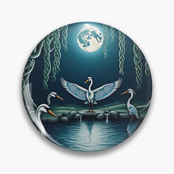 Item preview, Swans under moonlight Beautiful nature druidic green man forest atmospheric fresco after William Morris art designed and sold by Vintage Designs +.