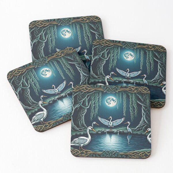 Item preview, Swans under moonlight Beautiful nature druidic green man forest atmospheric fresco after William Morris art designed and sold by Vintage Designs +.