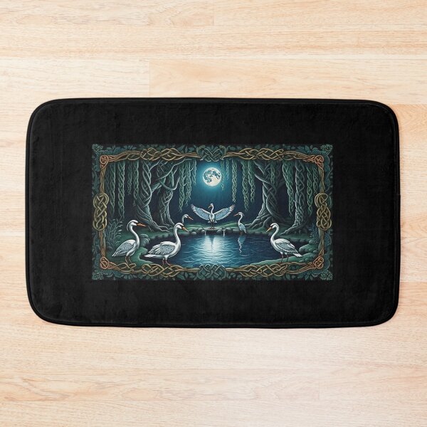 Item preview, Swans under moonlight Beautiful nature druidic green man forest atmospheric fresco after William Morris art designed and sold by Vintage Designs +.