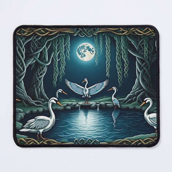 Item preview, Swans under moonlight Beautiful nature druidic green man forest atmospheric fresco after William Morris art designed and sold by Vintage Designs +.