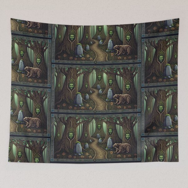 Item preview, Faces in the trees Beautiful nature druidic green man forest atmospheric fresco after William Morris art designed and sold by Vintage Designs +.