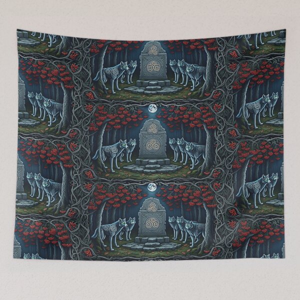 Item preview, Wolves by the Ancient Stele of runes Beautiful nature druidic green man forest atmospheric fresco after William Morris art designed and sold by Vintage Designs +.