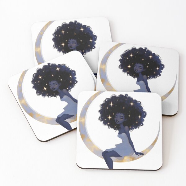 Item preview, Dreamy Afro Girl on Crescent Moon – Celestial Art, Soft Blues & Golds, Black Girl Magic. designed and sold by Luna Studios.