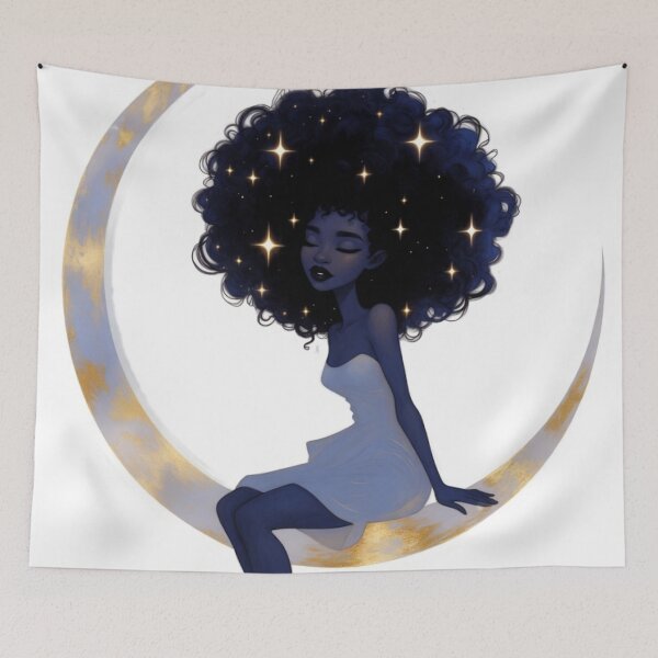 Item preview, Dreamy Afro Girl on Crescent Moon – Celestial Art, Soft Blues & Golds, Black Girl Magic. designed and sold by Luna Studios.