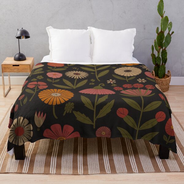 Item preview, Vintage Floral Pattern Throw Pillow & Blanket: Stylized Flowers in Orange, Red, Pink, Cream on Black Background designed and sold by ZyxDes.