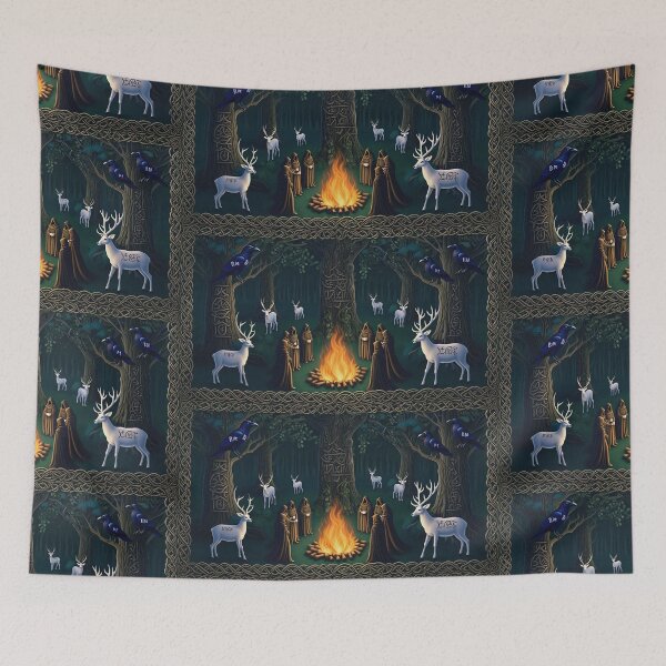 Item preview, Magical white deer at he summoning of the druids Beautiful nature druidic green man forest atmospheric fresco after William Morris art designed and sold by Vintage Designs +.