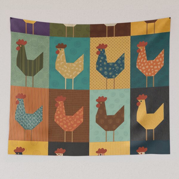 Item preview, Quilt Block Chicken Pattern Throw Pillow & Blanket: 4x4 Grid of 16 Stylized Chickens in Varied Colors & Textures designed and sold by ZyxDes.