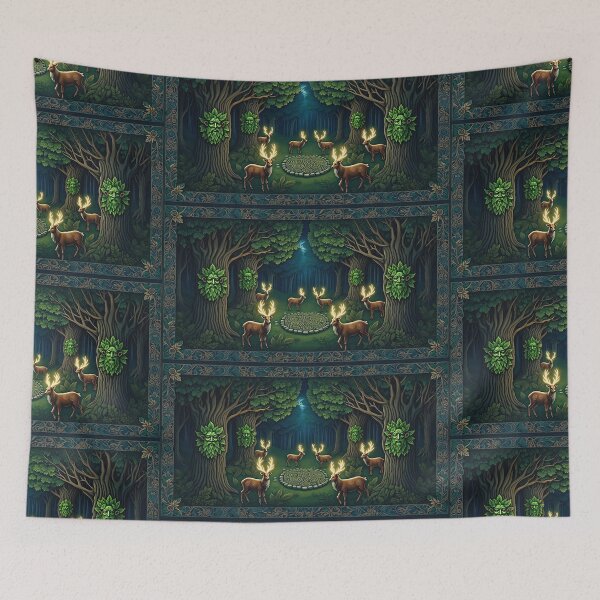 Item preview, Magical  deer  Beautiful nature druidic green man forest atmospheric fresco after William Morris art designed and sold by Vintage Designs +.