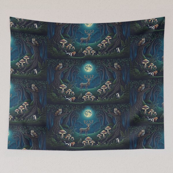 Item preview,  Magical deer Beautiful nature druidic green man forest atmospheric fresco after William Morris art designed and sold by Vintage Designs +.