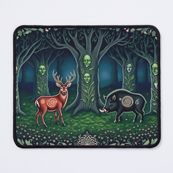 Item preview, Magical deer and Wild Boar Beautiful nature druidic green man forest atmospheric fresco after William Morris art designed and sold by Vintage Designs +.