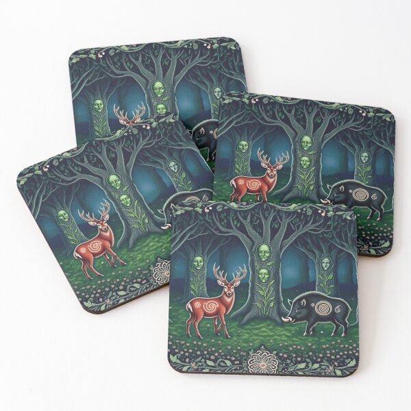 Item preview, Magical deer and Wild Boar Beautiful nature druidic green man forest atmospheric fresco after William Morris art designed and sold by Vintage Designs +.