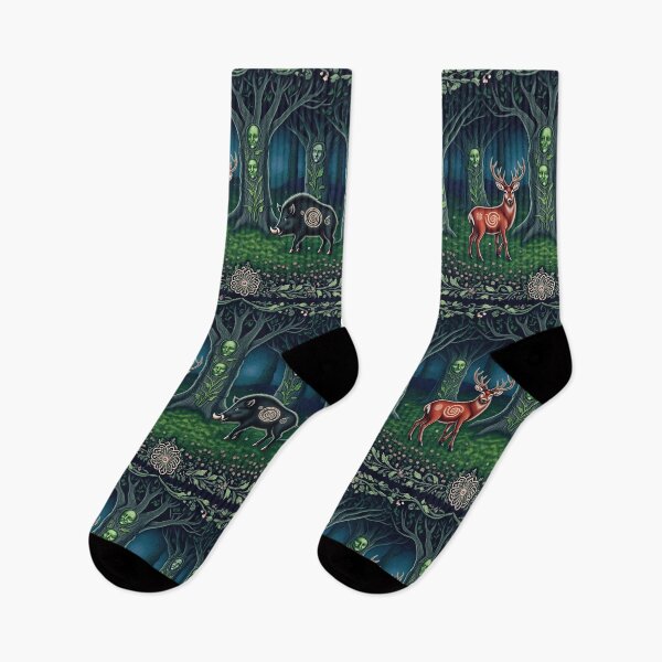 Item preview, Magical deer and Wild Boar Beautiful nature druidic green man forest atmospheric fresco after William Morris art designed and sold by Vintage Designs +.