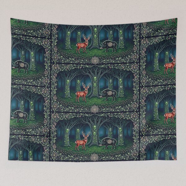 Item preview, Magical deer and Wild Boar Beautiful nature druidic green man forest atmospheric fresco after William Morris art designed and sold by Vintage Designs +.