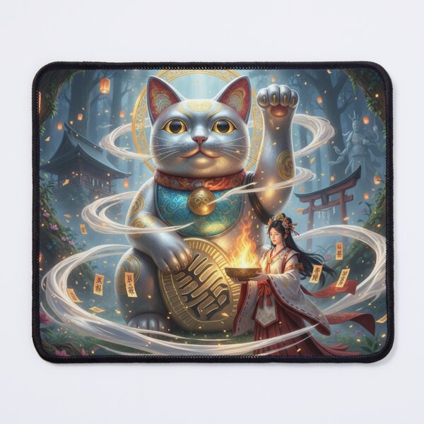 Item preview, Guardian Beckoning Cat and Shrine Maiden — Blessings Carried by the Forest Light | Japanese Fantasy Art / 招き猫と巫女 ― 森光に運ばれる祝福 designed and sold by Mori-no-Akari.