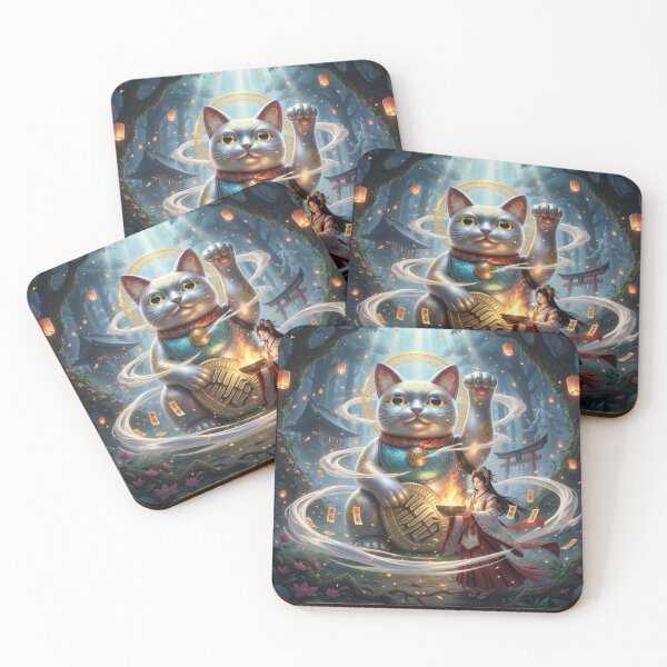 Item preview, Guardian Beckoning Cat and Shrine Maiden — Blessings Carried by the Forest Light | Japanese Fantasy Art / 招き猫と巫女 ― 森光に運ばれる祝福 designed and sold by Mori-no-Akari.