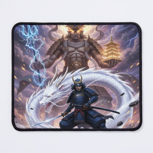 Item preview, Masamune Date and Bishamonten — Thunder That Guards the Noble Path | Japanese Warlord Art / 伊達政宗と毘沙門天 ― 高き道を守る雷の加護 designed and sold by Mori-no-Akari.