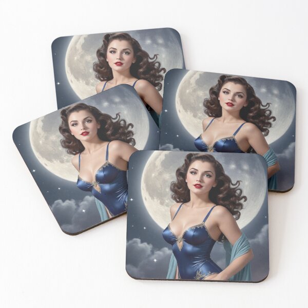Item preview, Vintage 1940s Pin-Up – The Moon Tarot Card (Brunette) | Retro Celestial Art Deco Poster designed and sold by MissSaylor.
