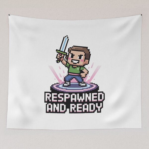 Aperçu de l'œuvre T-shirt « Respawned and Ready » | Épée de héros de jeux rétro | Motivation humoristique pour gamers créée et vendue par pixelpopplanet.