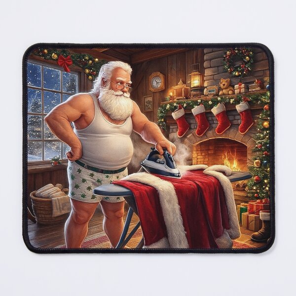 Item preview, "Santa's Cozy Prep - Funny Santa Claus Ironing" designed and sold by MrsMimpi.