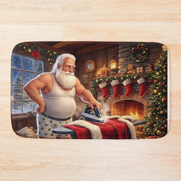 Item preview, "Santa's Cozy Prep - Funny Santa Claus Ironing" designed and sold by MrsMimpi.