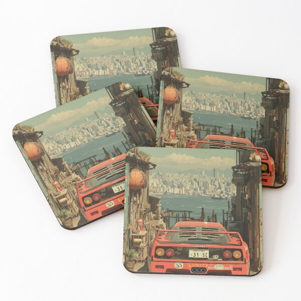 Item preview, Retro Japanese Alley With Red Supercar & Cityscape Vaporwave Cyberpunk Aesthetic designed and sold by RosetteArtists.