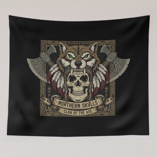 Item preview, Northern Skulls Clan of the Axe - Viking Wolf Warrior Skull Art designed and sold by AwesomeBeyondLimits.
