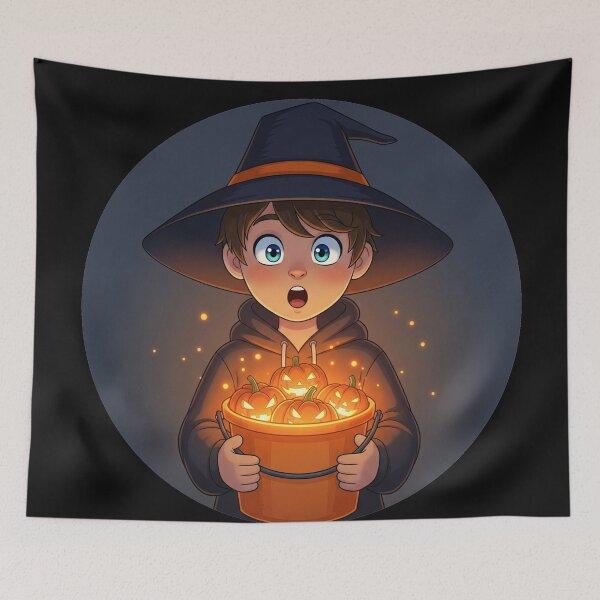 Item preview, Un enfant déguisé en sorcier portant un seau de citrouilles d'Halloween lumineuses (Enfant déguisé en sorcière) designed and sold by thechoice1.