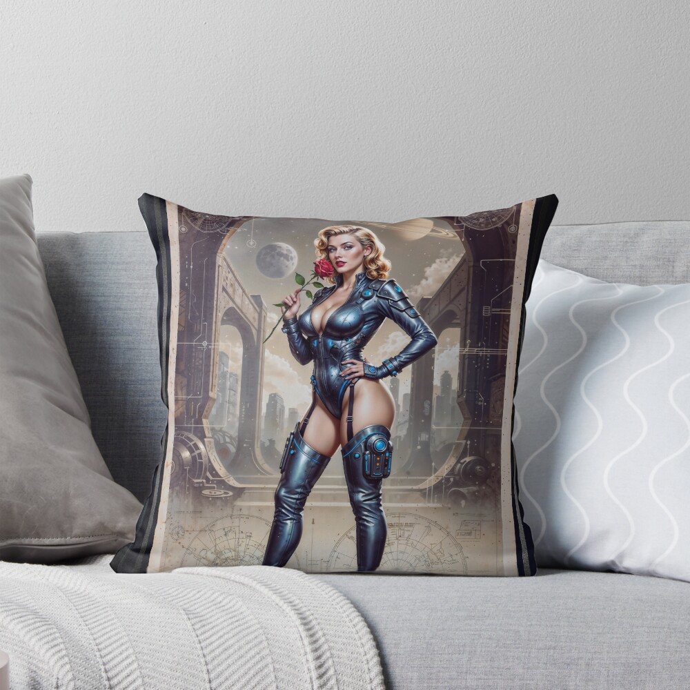 Delphine Yavari Retrofuturistic Pinup Illustration Stunning AI Concept Art by Xzendor7 Decorative Art Print Throw Pillow