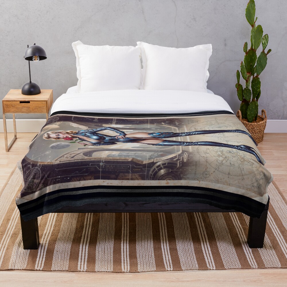 Delphine Yavari Retrofuturistic Pinup Illustration Stunning AI Concept Art by Xzendor7 Decorative Art Print Throw Blanket