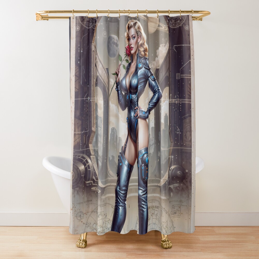Delphine Yavari Retrofuturistic Pinup Illustration Stunning AI Concept Art by Xzendor7 Decorative Art Print Shower Curtain