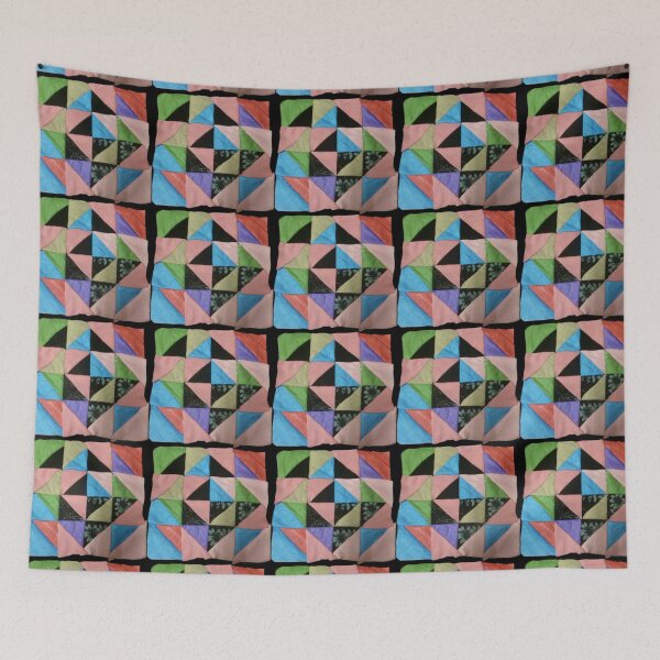 Item preview, Triangle Mosaic Abstract Pattern block, quilt, hand made fabric scarf on white background, checker Patchwork Pattern sewn by hand from scraps of fabric designed and sold by pipikijung.