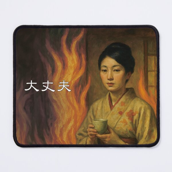 Item preview, Daijoubu – Japanese “This Is Fine” Kimono Woman in a Burning Tatami Room (Oil Painting Meme Art) designed and sold by Mog Mog Eatalot – Tokyo x A’dam Mashup.