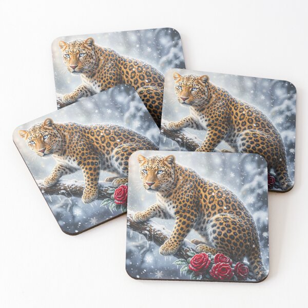 Item preview, Leopard on Branch with Red Roses in Falling Snow | Wildlife Winter Art designed and sold by BloomingBeauty7.