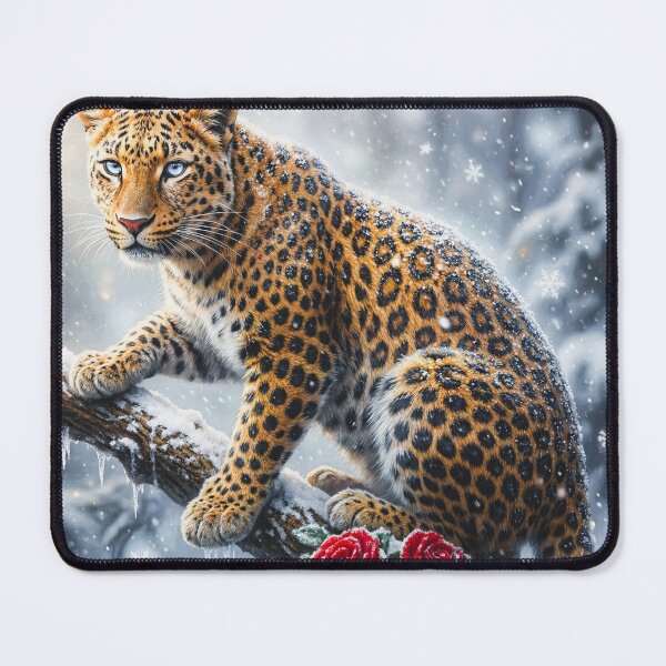 Item preview, Leopard on Branch with Red Roses in Falling Snow | Wildlife Winter Art designed and sold by BloomingBeauty7.