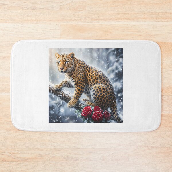 Item preview, Leopard on Branch with Red Roses in Falling Snow | Wildlife Winter Art designed and sold by BloomingBeauty7.