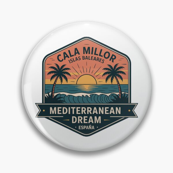 Item preview, Cala Millor Mallorca – Retro sunset in Mediterranean badge style designed and sold by GabbyKI261.