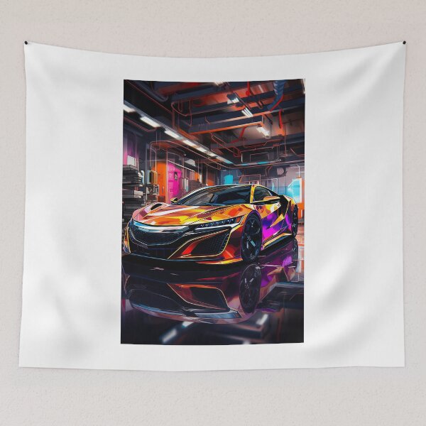 Item preview, Striking sports car surrounded by vibrant neon garage lighting designed and sold by RevUpDesign.
