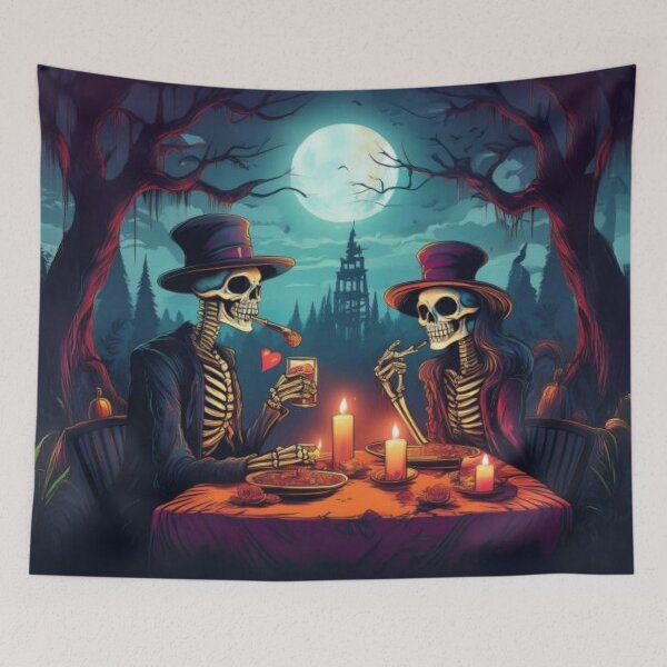 Item preview, Romantic Skeleton Dinner Under the Moon | Gothic Halloween Love Art designed and sold by GhostWestStudio.