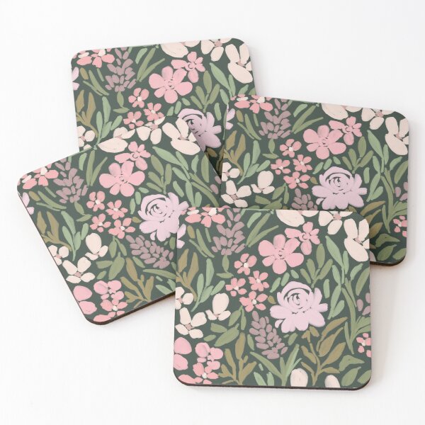 Item preview, Cute loose painterly shades of pink spring floral blooms and green leaves all over on dark green designed and sold by PrettywithColor.
