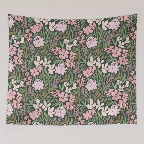 Item preview, Cute loose painterly shades of pink spring floral blooms and green leaves all over on dark green designed and sold by PrettywithColor.