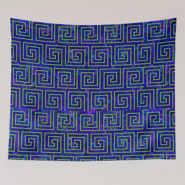 Item preview, Neon blue and green Greek key spiral pattern with electric glow designed and sold by SassyArtistry.
