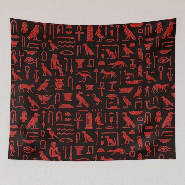 Item preview, Neon red Egyptian hieroglyph pattern on black background designed and sold by SassyArtistry.