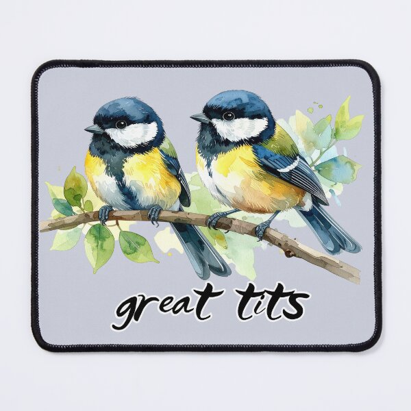 Item preview, Great tits sitting on a branch - "great tits" text, pun designed and sold by LiskoDesign.